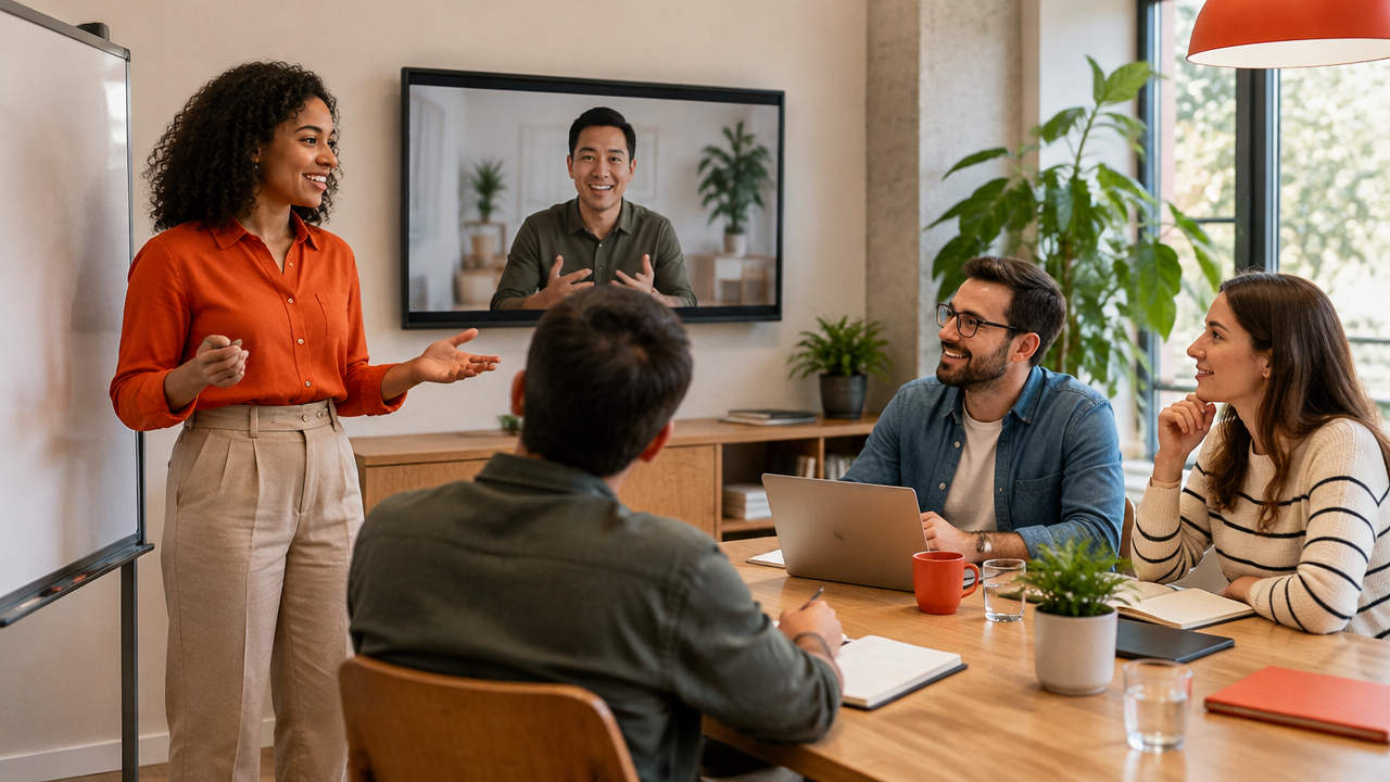 Colegas presenciais e remotos participam em condições equilibradas de uma conversa de equipe