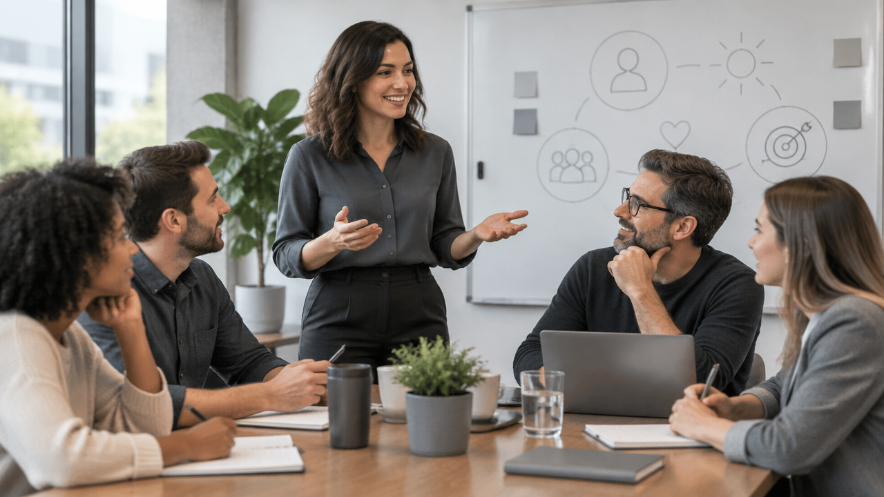 Colegas refletem e colaboram em uma conversa de equipe sobre bem-estar no trabalho