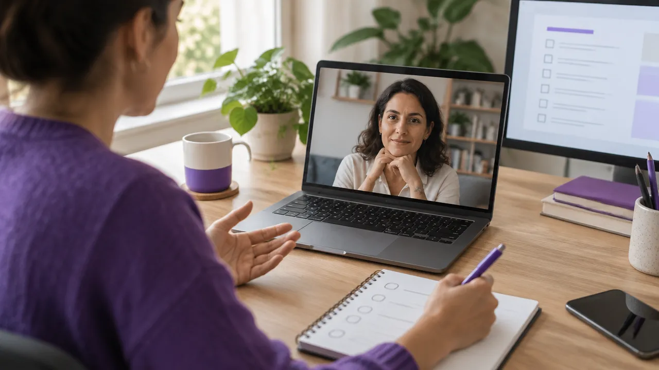 Colegas usam videoconferência, pauta e anotações para conduzir uma conversa virtual de reconciliação.