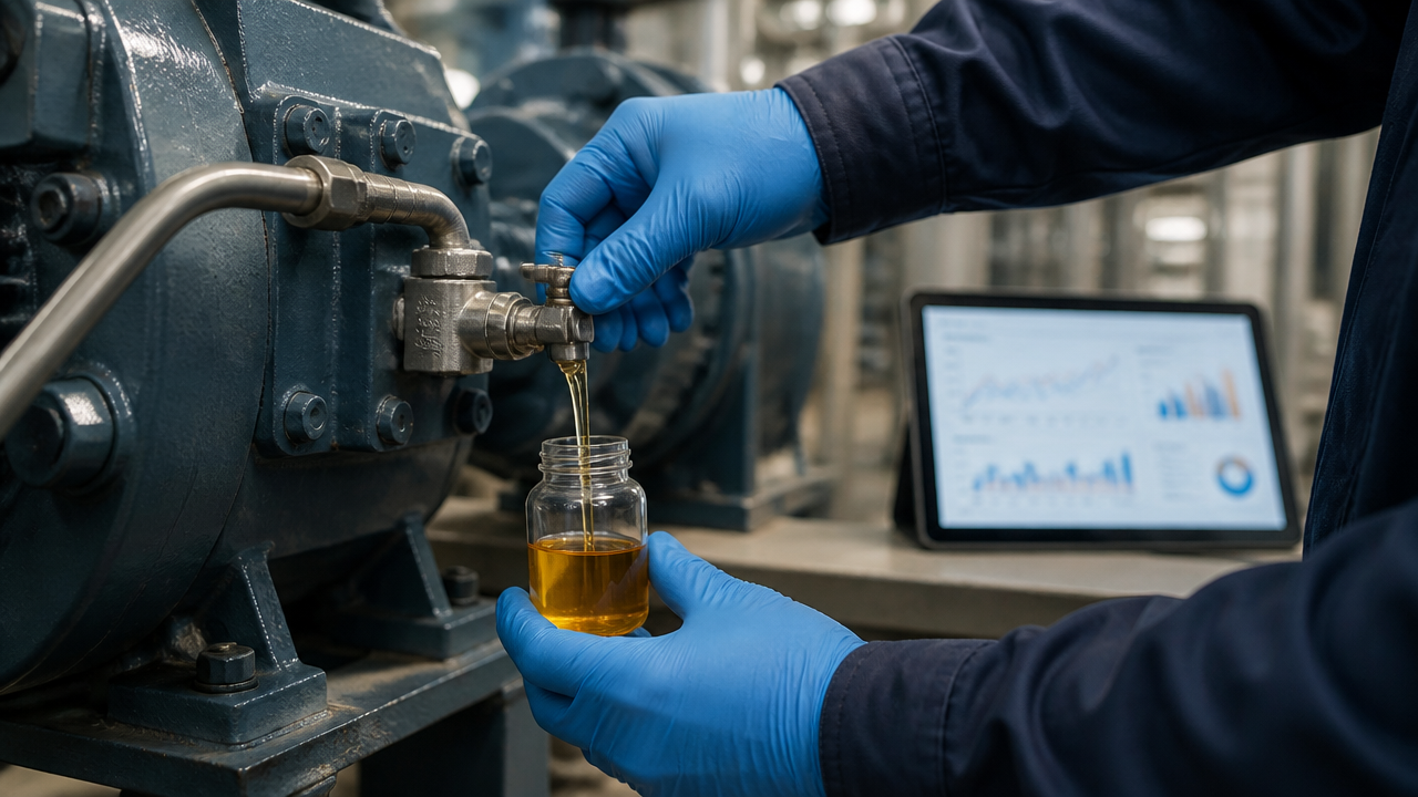 Coleta de amostra de óleo em equipamento industrial para monitoramento preditivo.