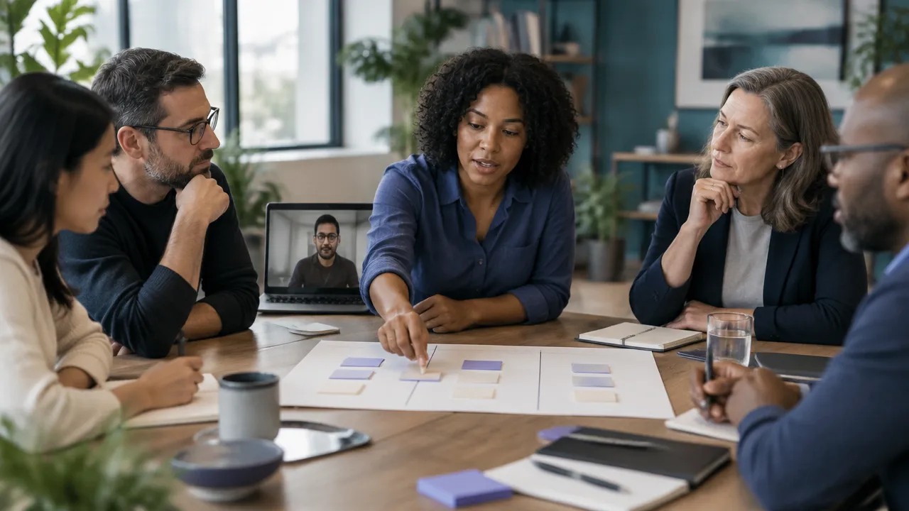 Colleagues and a remote teammate discuss a shared decision map in an inclusive workplace meeting.