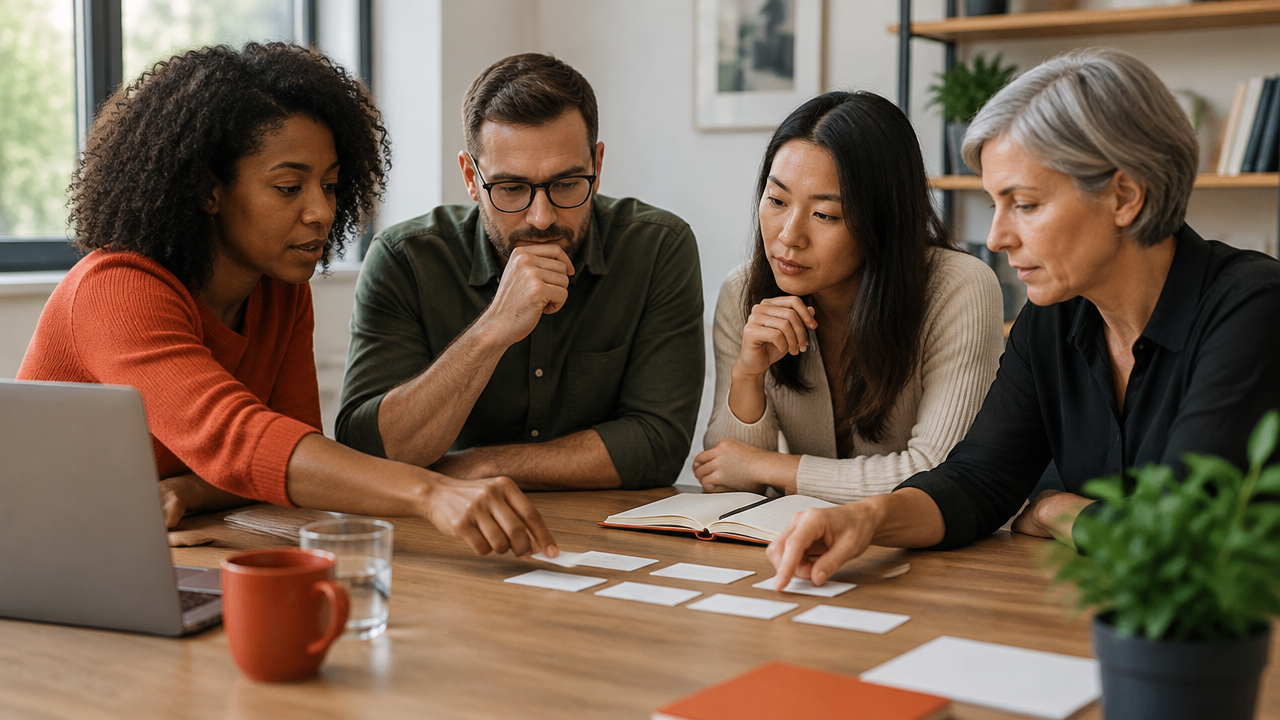 Colleagues arranging simple cards to connect team purpose with daily priorities