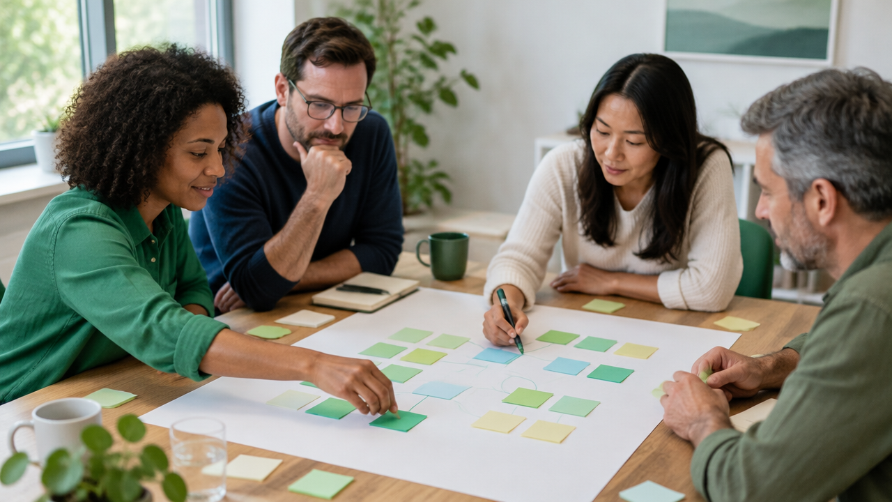 Colleagues collaboratively map shared stressors and resources around a table