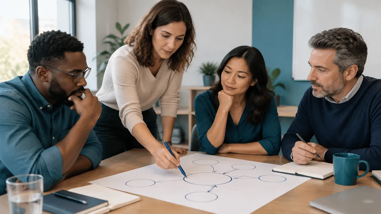 Colleagues collaboratively sketch a simple map of workplace relationships and feedback on paper