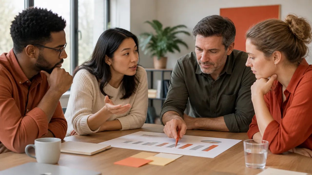 Colleagues compare evidence and question a chart during a collaborative discussion