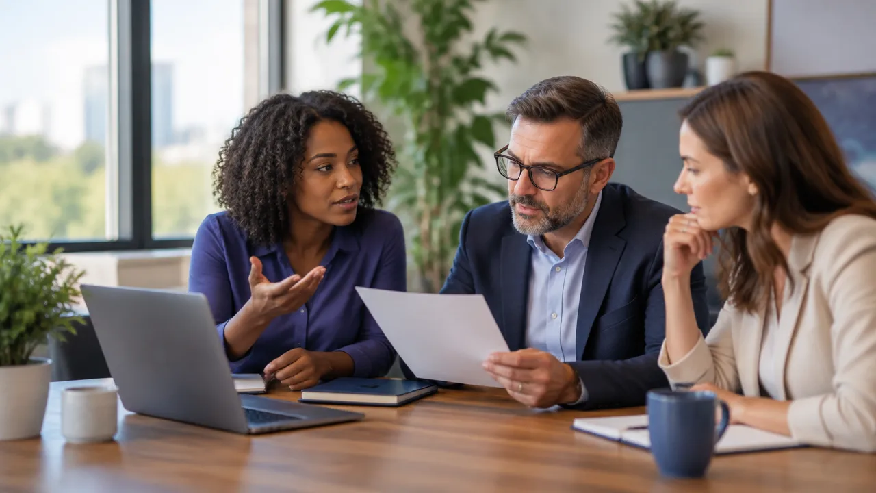 Colleagues discuss a workplace policy openly, turning ethical standards into a shared decision.