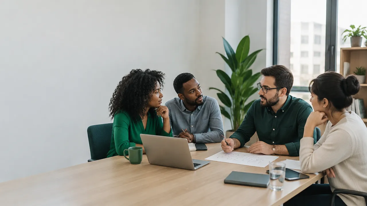 Colleagues discuss team communication and workplace behavior in a modern meeting room