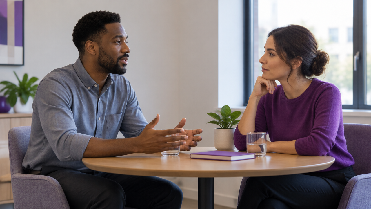 Colleagues have a calm, attentive conversation to begin repairing a workplace relationship
