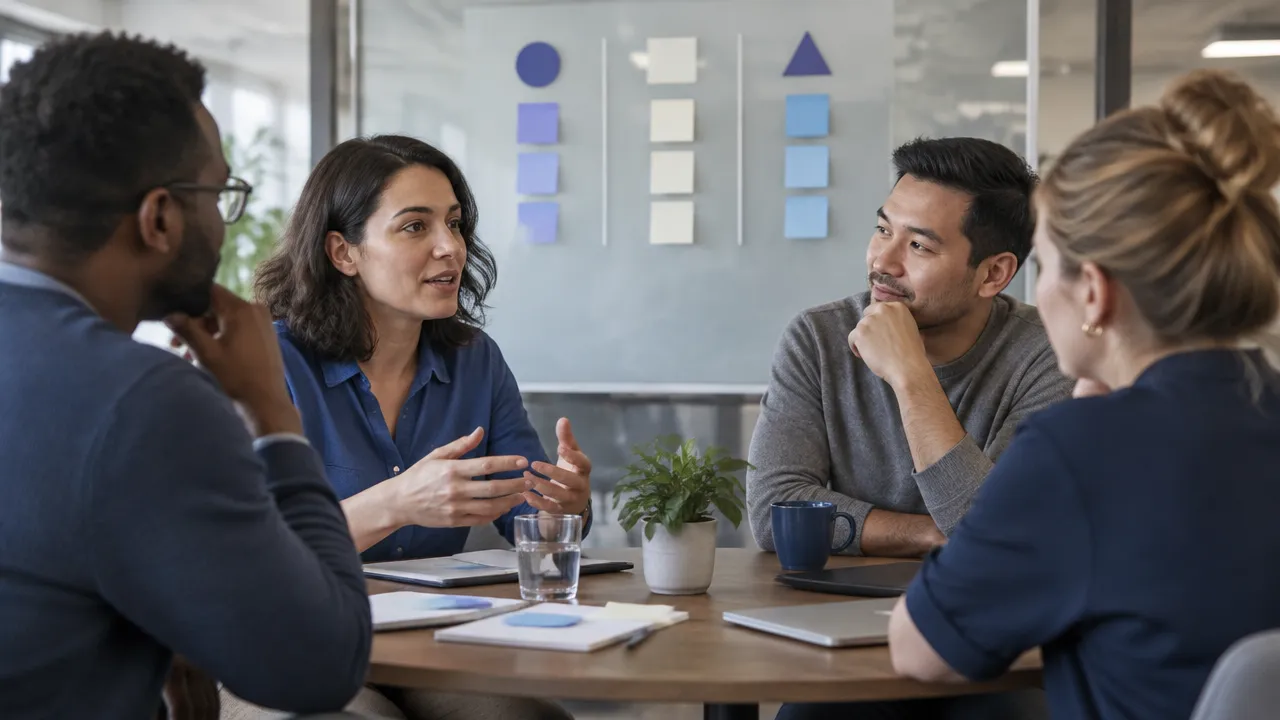 Colleagues hold a thoughtful project debrief, listening and organizing a small next-step experiment