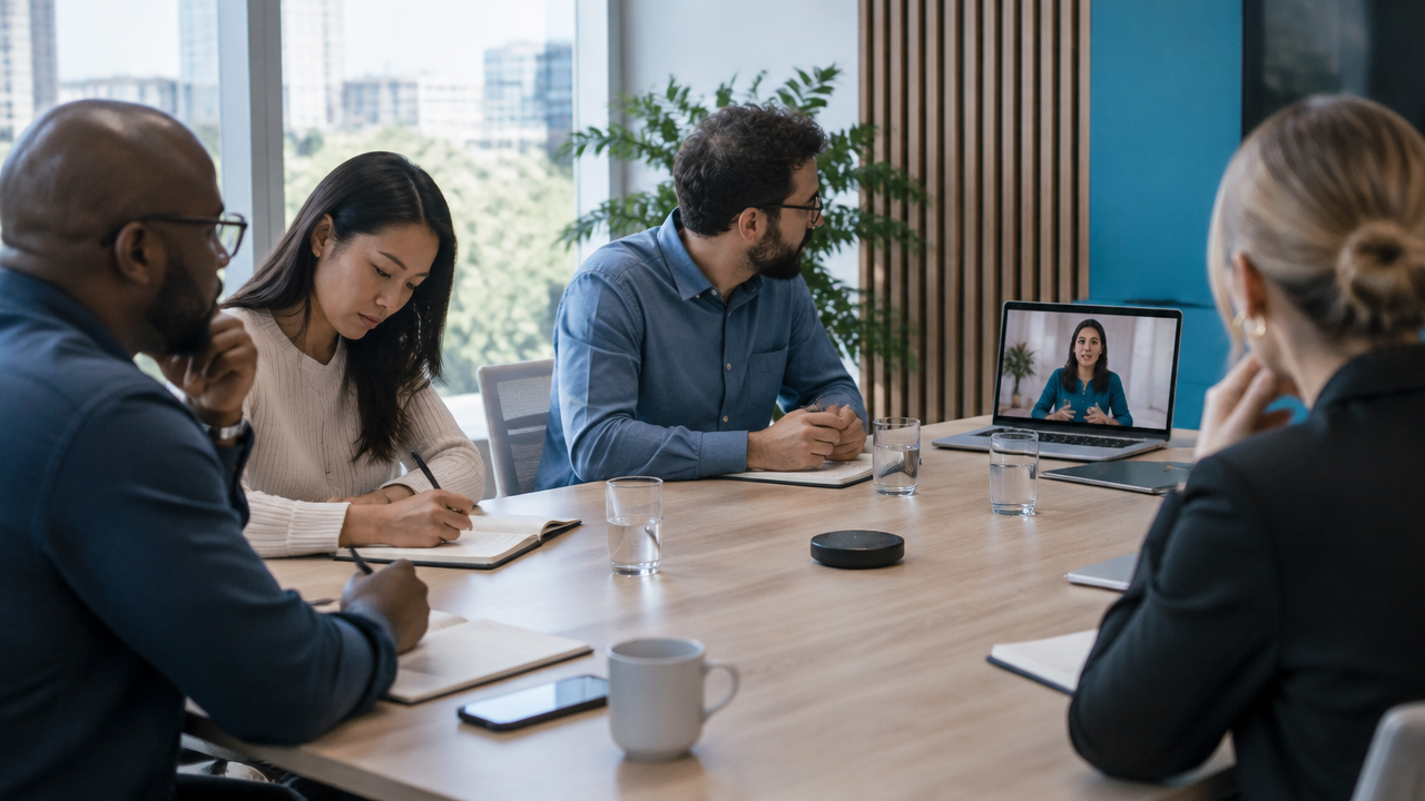 Colleagues in a conference room with a remote participant on a laptop during a hybrid meeting