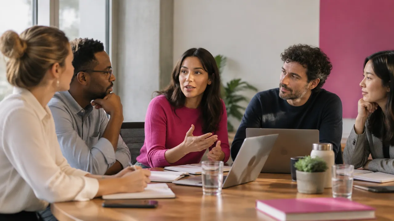 Colleagues in a team meeting communicating through attentive posture, facial expressions, and subtle gestures