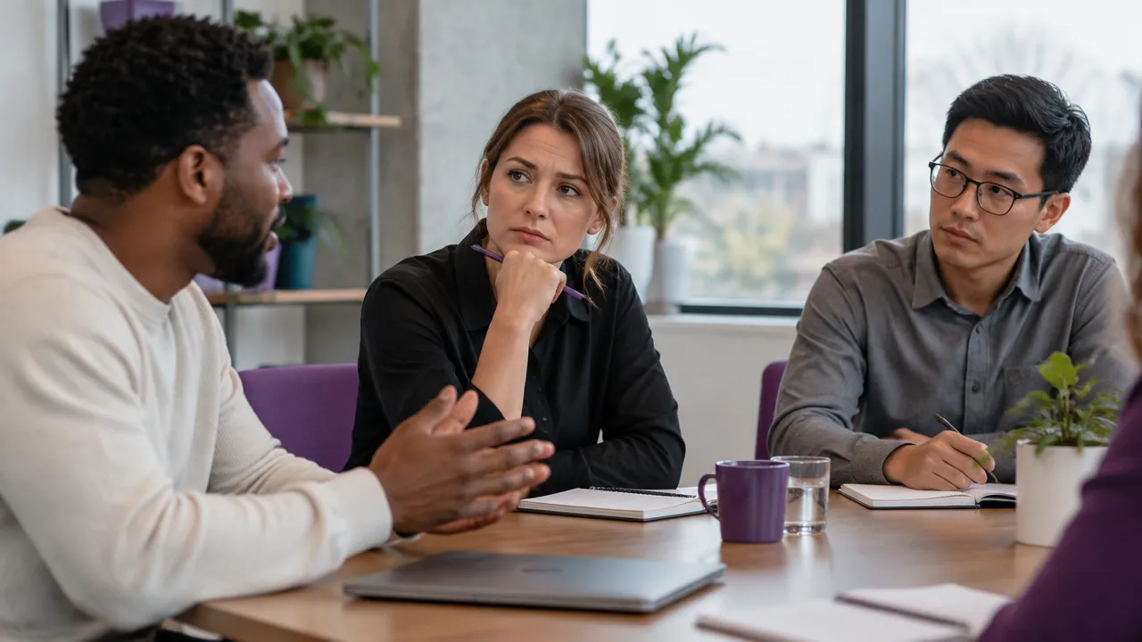 Colleagues in a workplace meeting listening cautiously after a shared setback