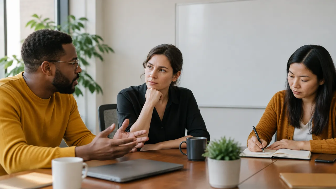 Colleagues listen and take notes during a calm, accountable review of a difficult workplace decision.