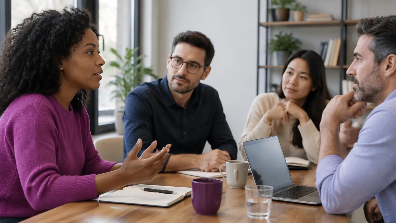 Colleagues listen as one person uses a calm voice to steady a tense meeting.