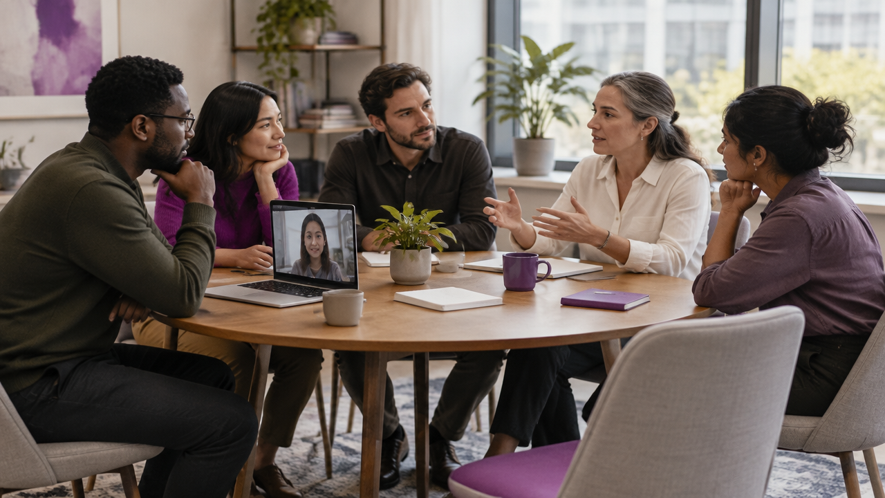 Colleagues listen in a reflective team meeting, with a laptop and an empty chair hinting at hybrid inclusion gaps.