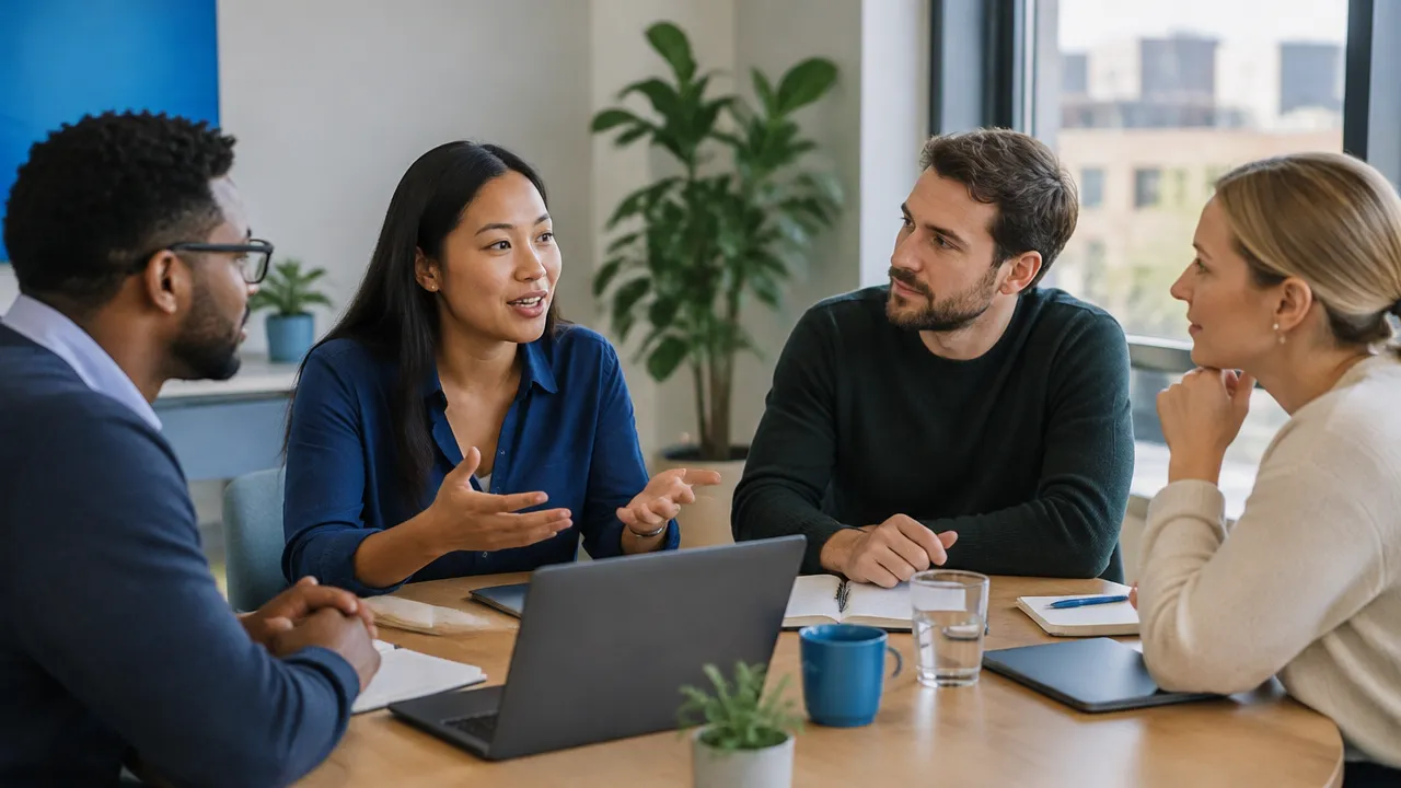 Colleagues listen openly and include a quieter participant in a constructive group conversation