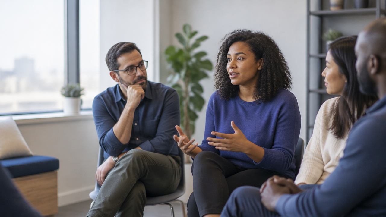 Colleagues listen to an employee sharing a workplace story during a reflective team conversation