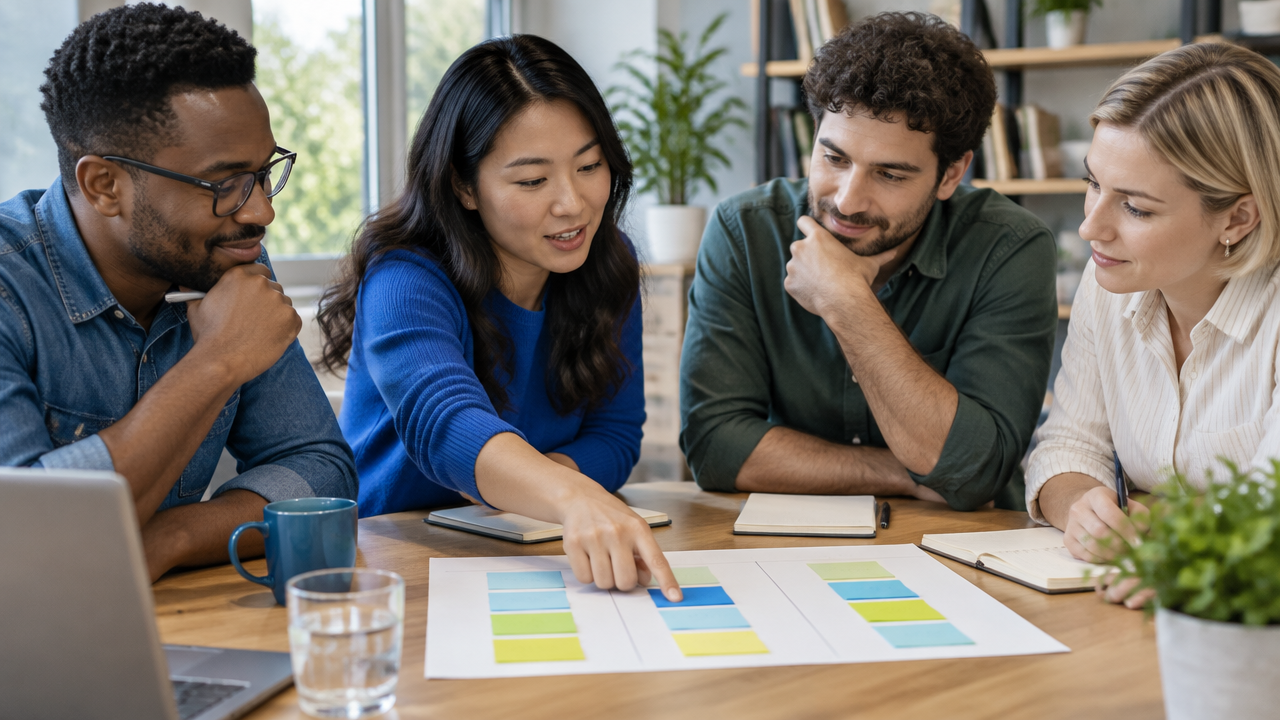 Colleagues map shared values to practical behaviors using a blank worksheet and sticky notes.