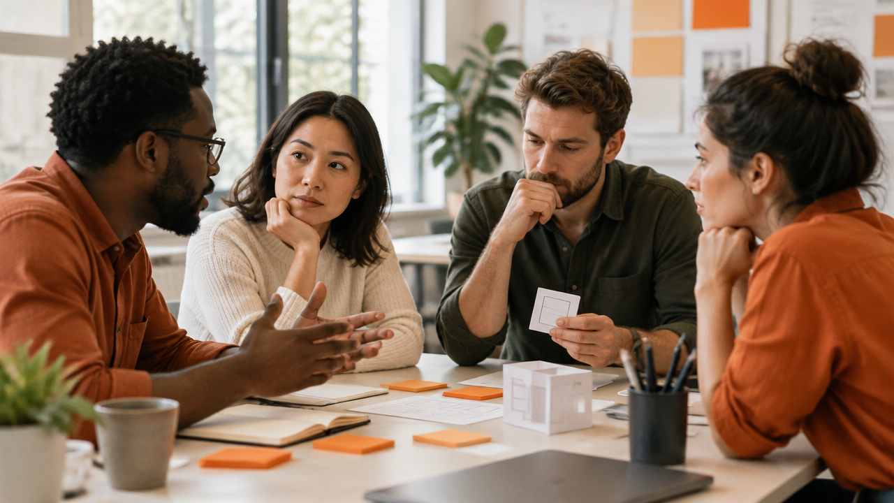 Colleagues openly discuss a concern and listen to one another while examining a simple prototype in a calm workshop.