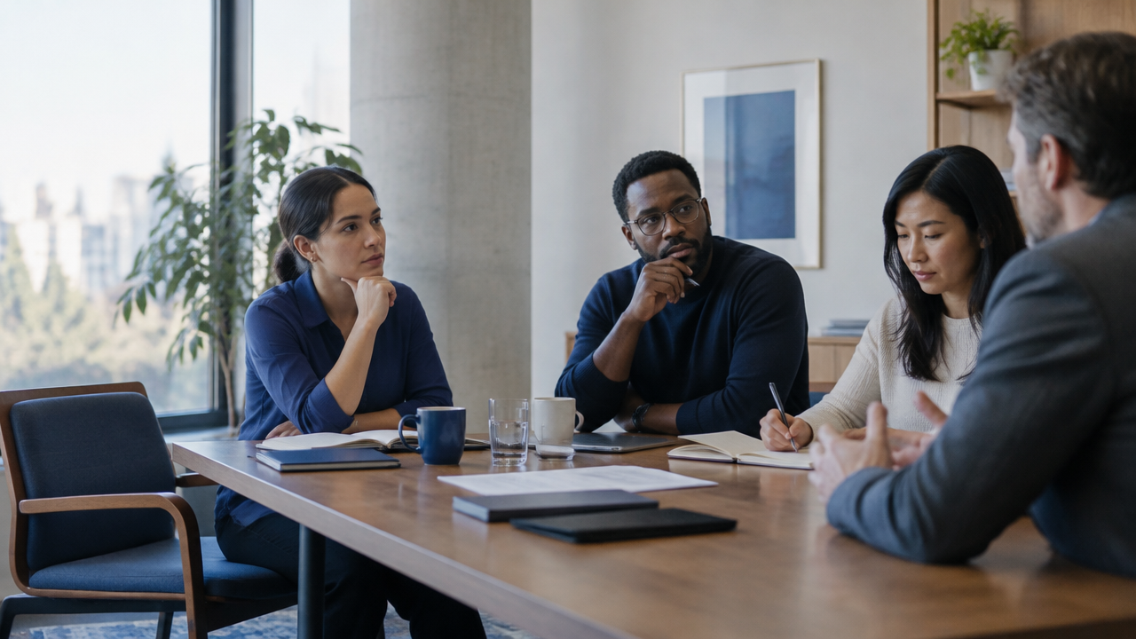 Colleagues pause around a meeting table to consider the ethical impact of a decision