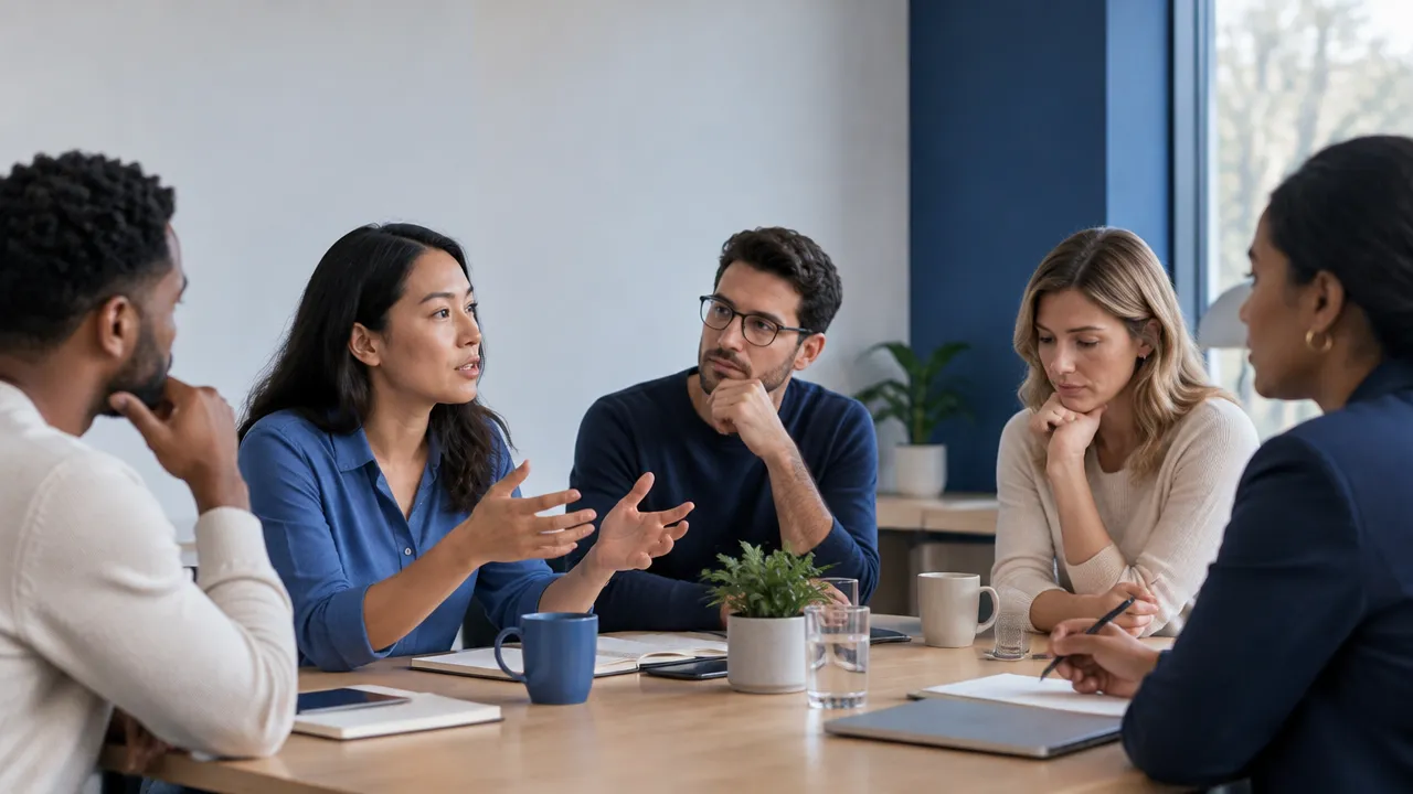 Colleagues pause for a reflective conversation about unspoken concerns during a team meeting