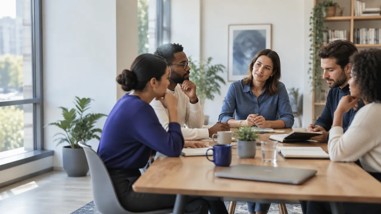Colleagues pause for a thoughtful moment during a daily team meeting