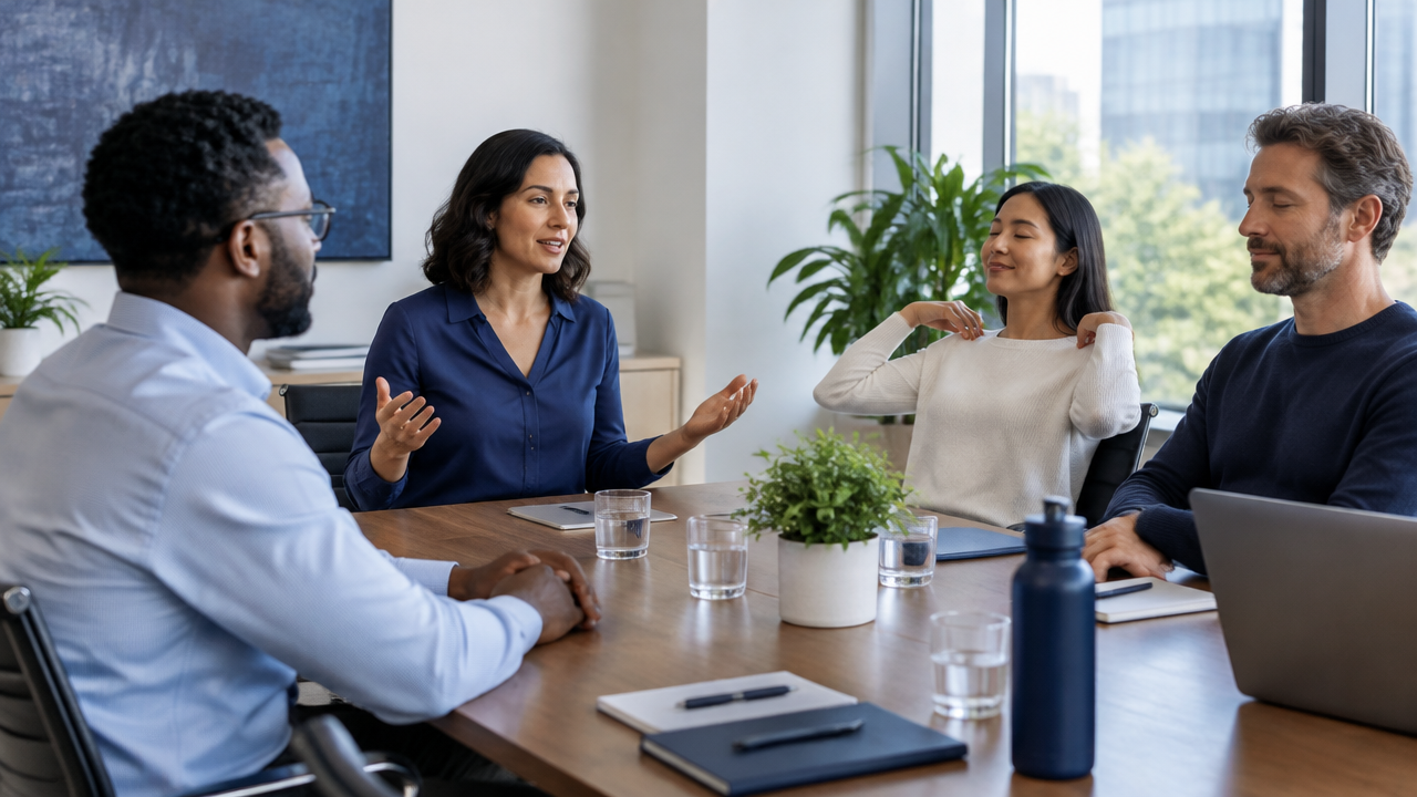 Colleagues practice a voluntary, eyes-open grounding pause during a team meeting.