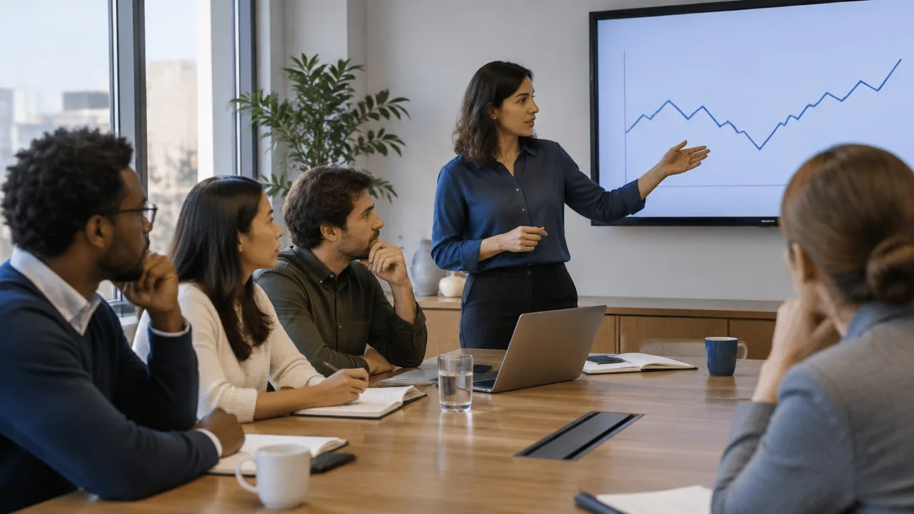 Colleagues respond with mixed emotions as a leader explains financial information in a meeting