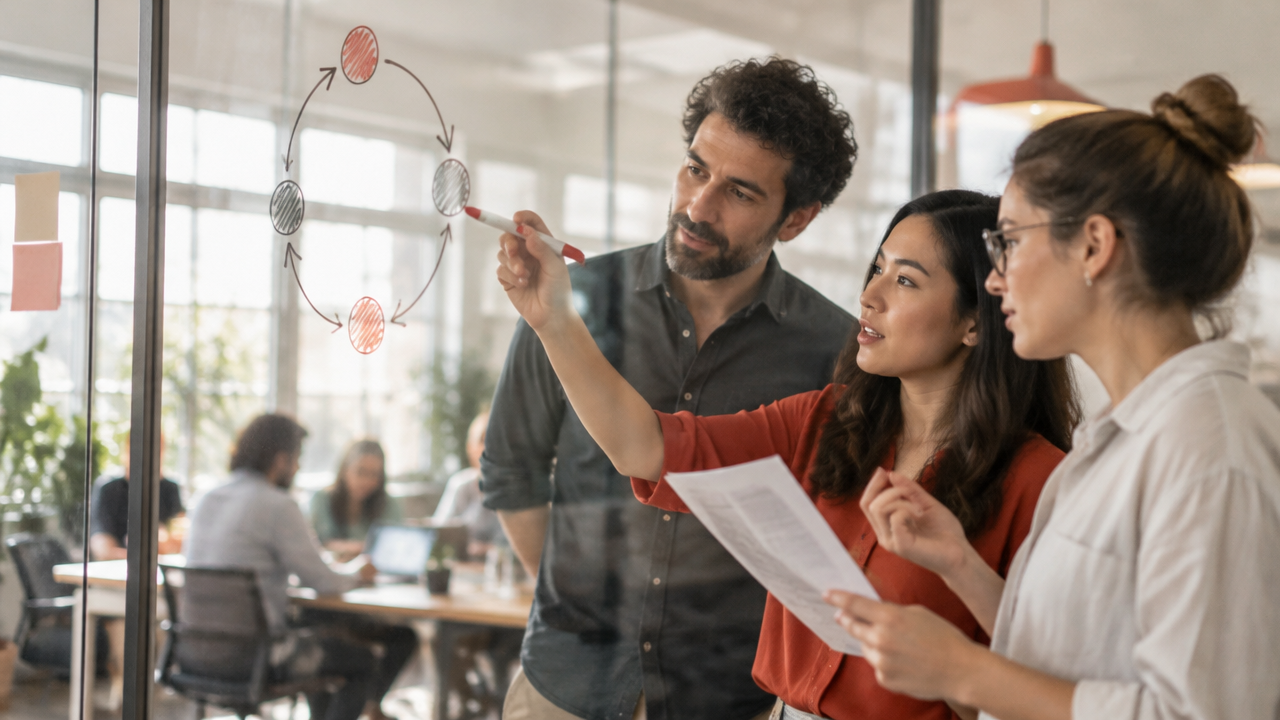 Colleagues trace a workplace feedback loop on a glass wall while discussing its effects