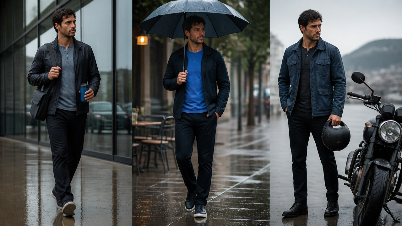Combinações masculinas para trabalho, lazer e deslocamento em dias de chuva
