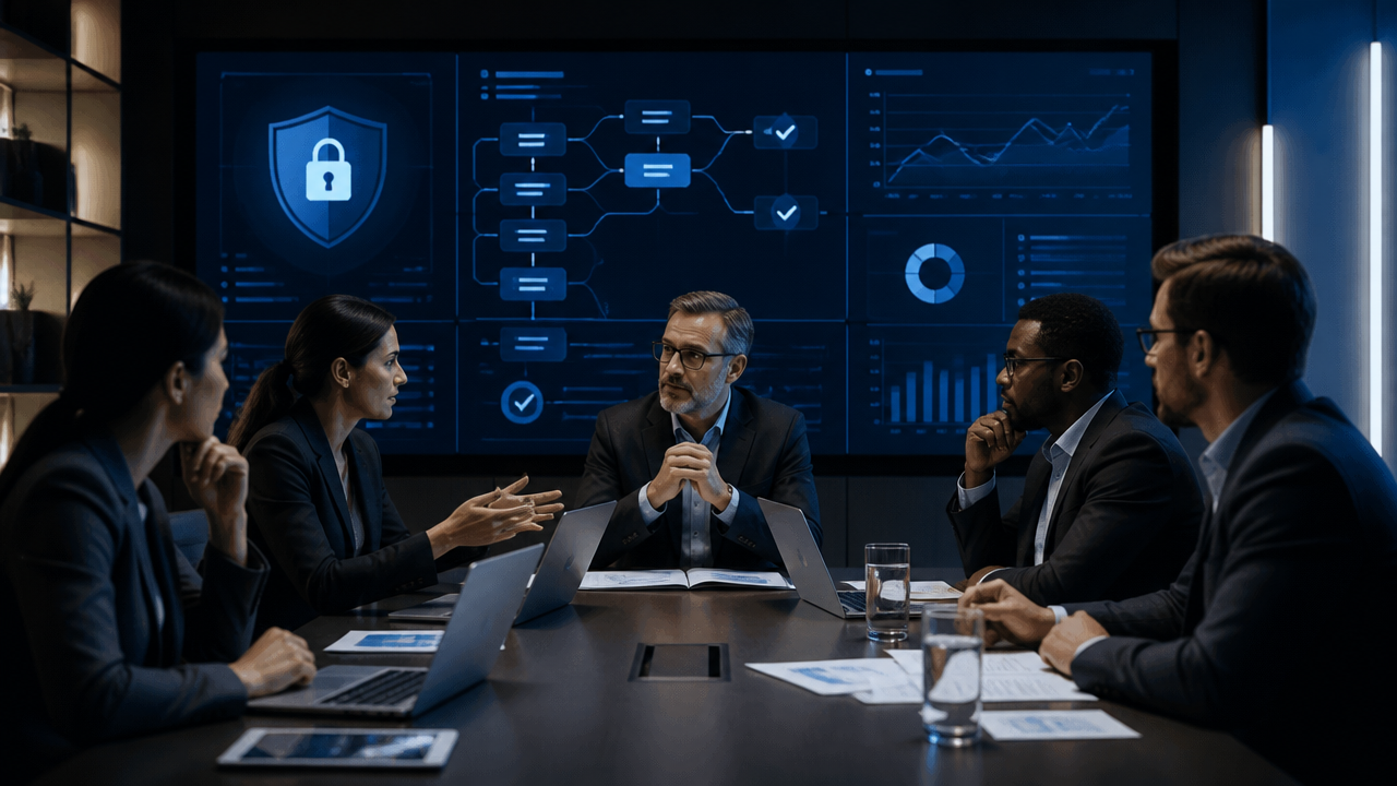 Comitê de governança discutindo segurança e controles para uso corporativo de IA