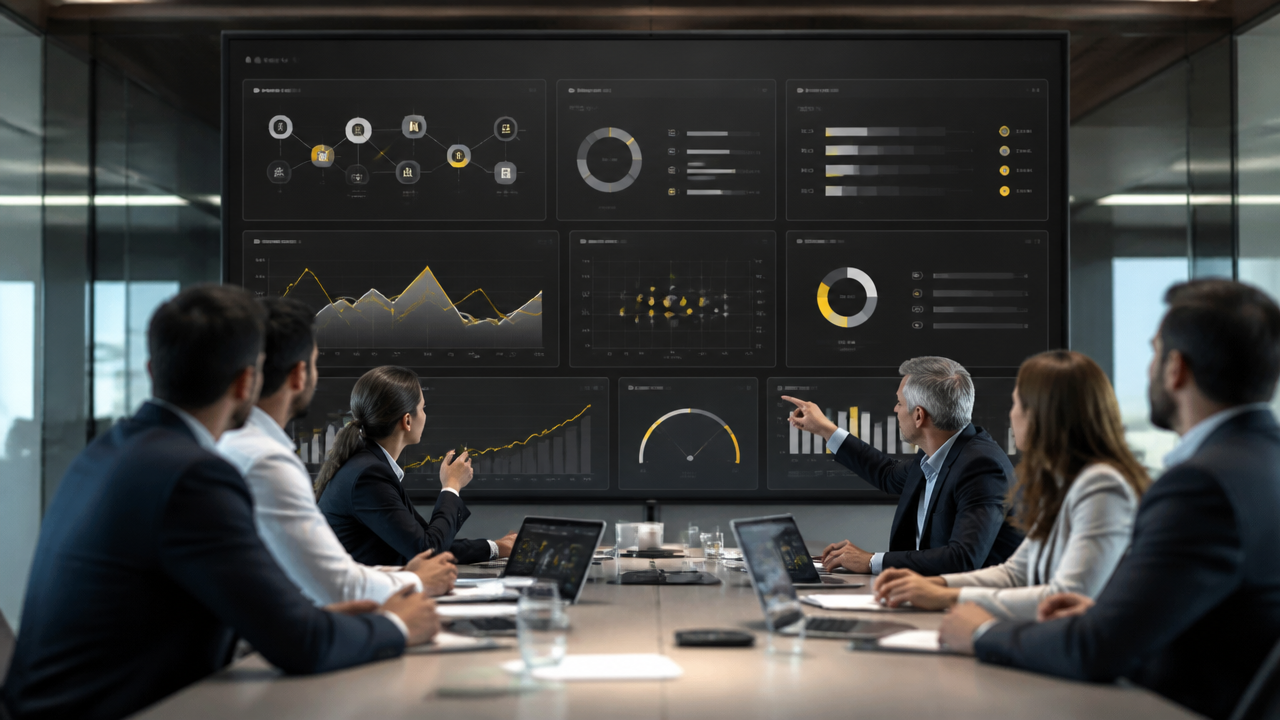 Comitê executivo acompanhando métricas de um piloto de automação com inteligência artificial