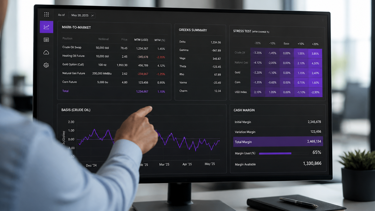 Commodity risk dashboard with mark-to-market, Greeks, stress testing, and basis analytics.