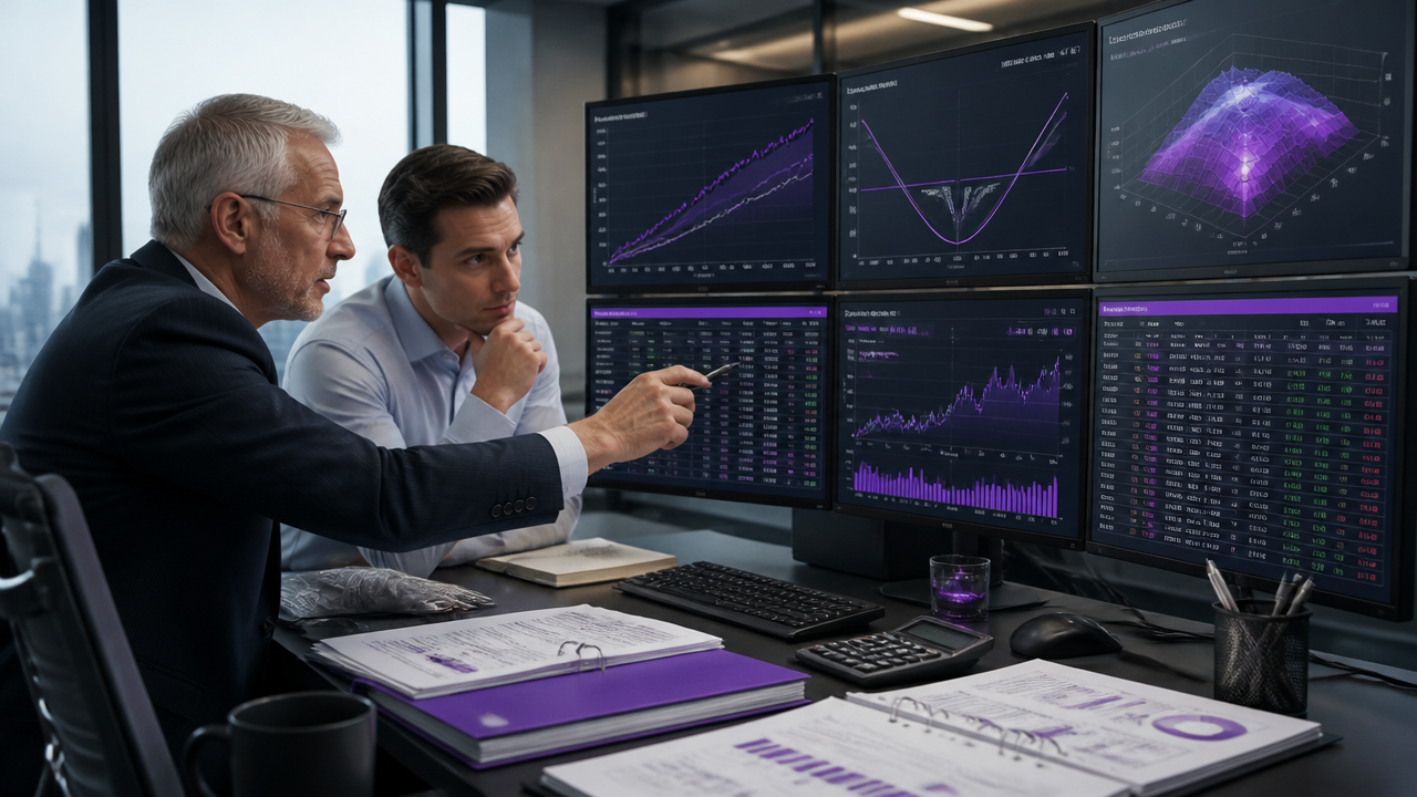 Commodity risk team reviewing derivative valuation, market curves, and mark-to-market dashboards in a professional trading office
