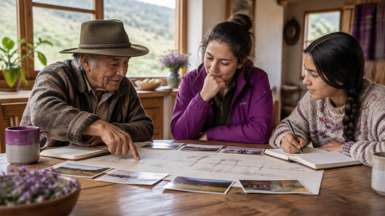 Community collaborators and a researcher jointly review a cultural timeline and notes at a table