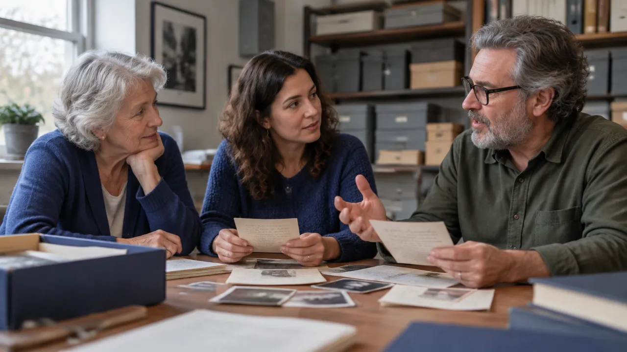 Community members compare photographs and notes while sharing memories