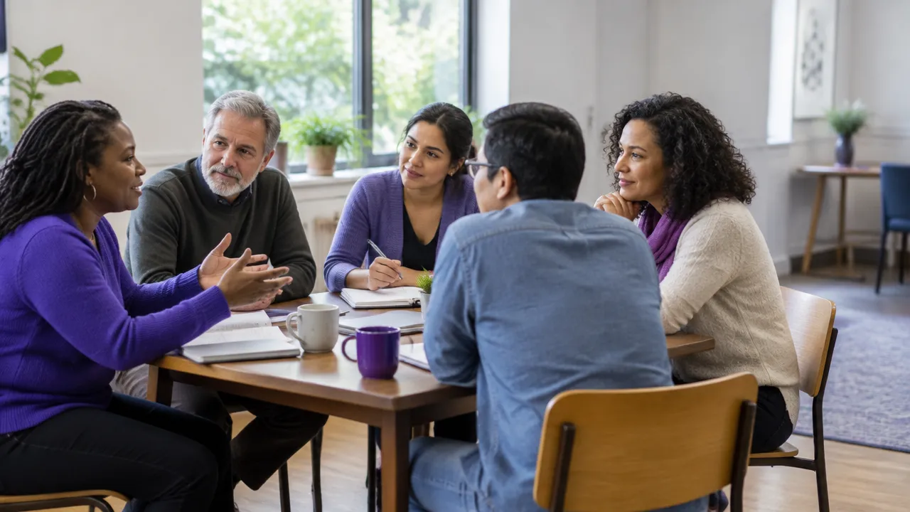 Community members listen and exchange ideas around a table during a neighborhood discussion.