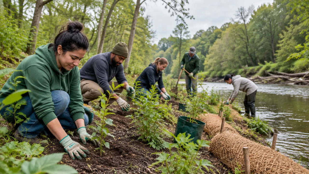 Community members planting native trees beside a stream as a practical act of environmental responsibility.