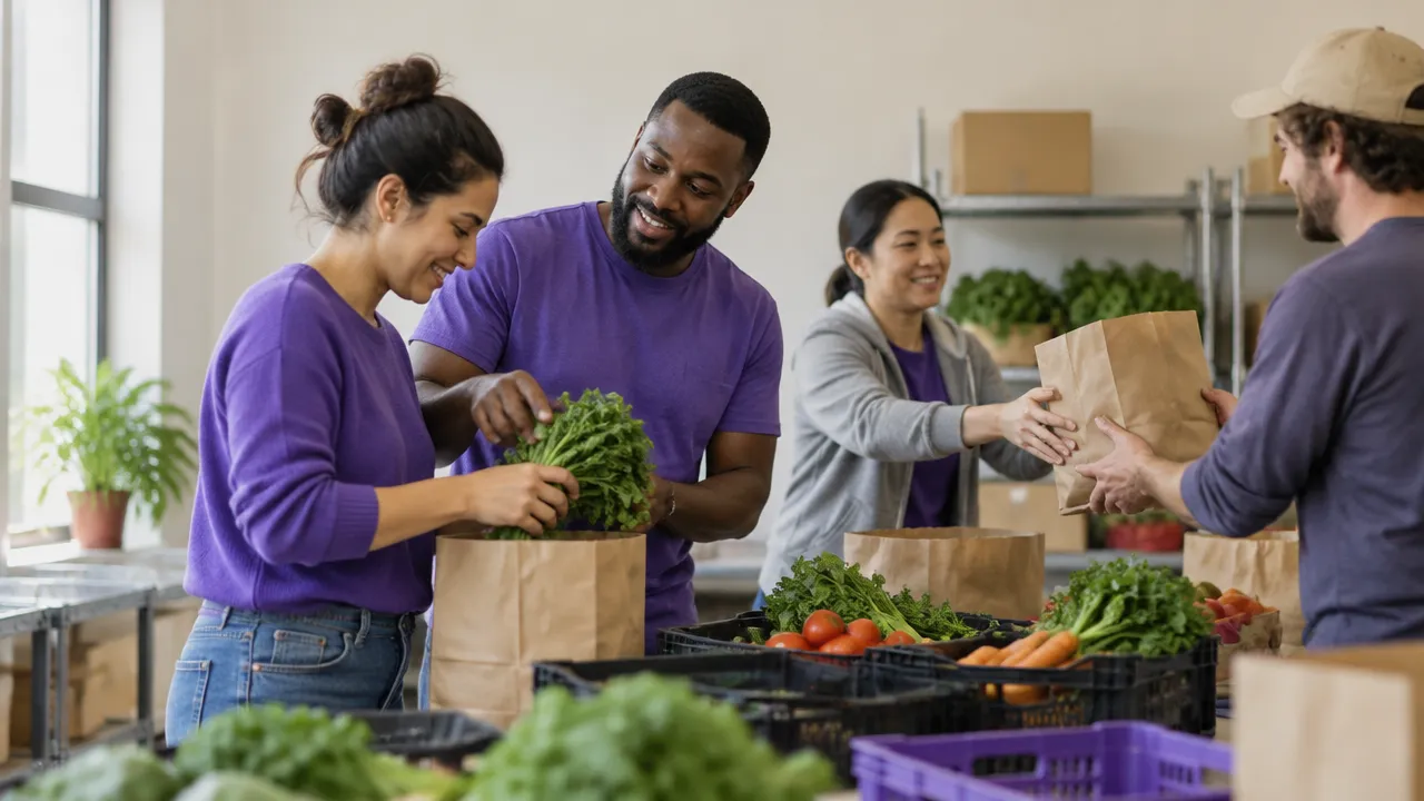 Community volunteers coordinate while packing produce bags at a neighborhood food pantry