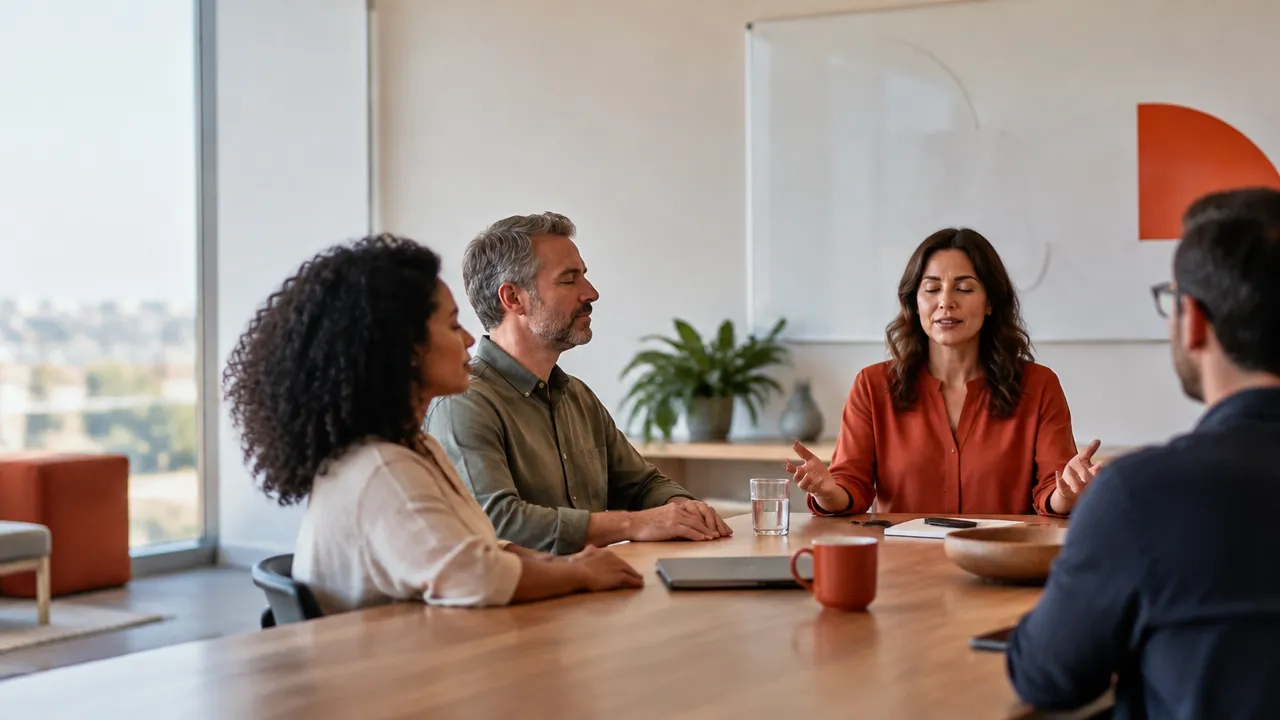 Compañeros de equipo hacen una pausa consciente antes de conversar sobre un conflicto laboral
