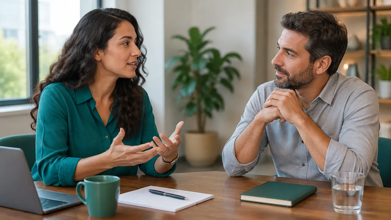 Compañeros de trabajo conversan con calma para formular una petición concreta