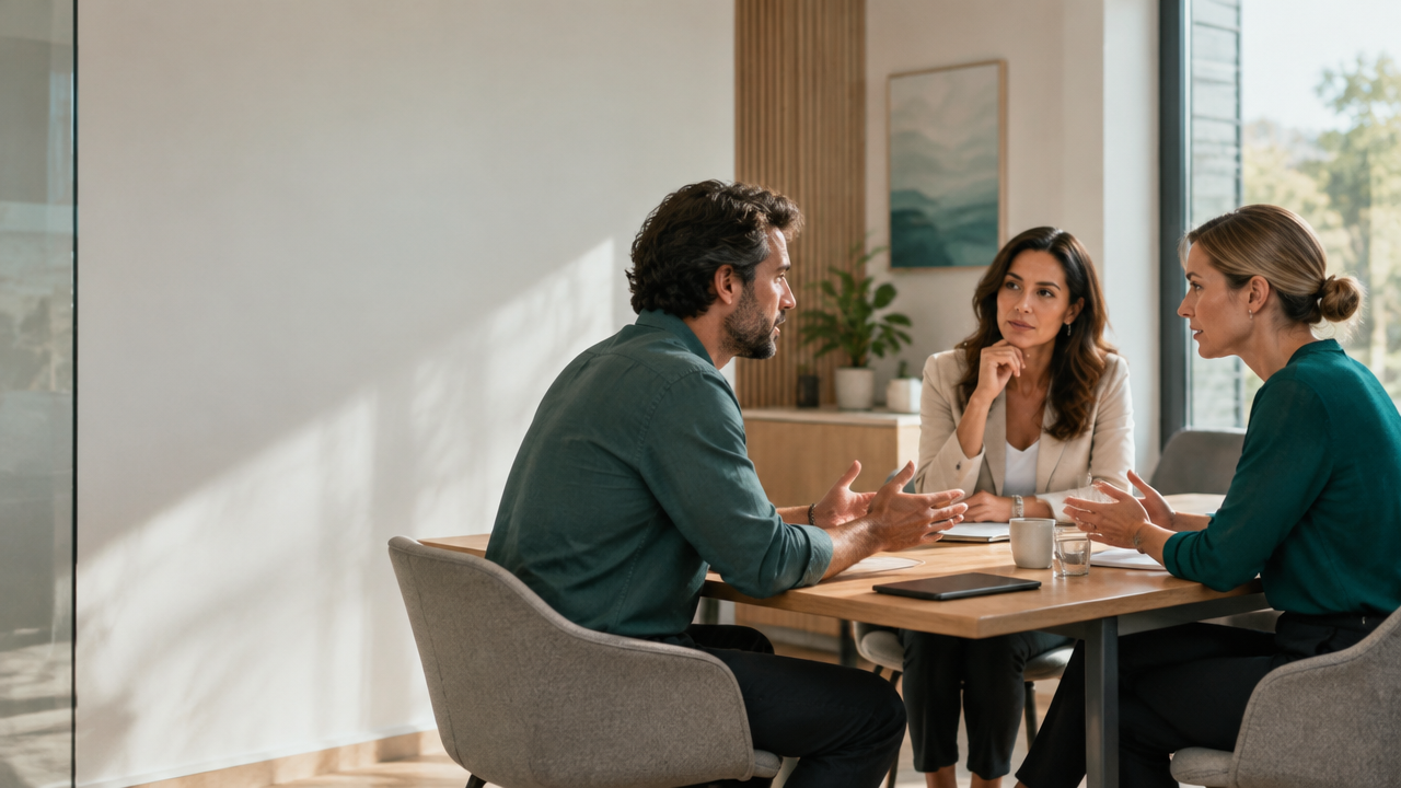 Compañeros de trabajo conversan sobre una tensión laboral con apoyo de una persona facilitadora.