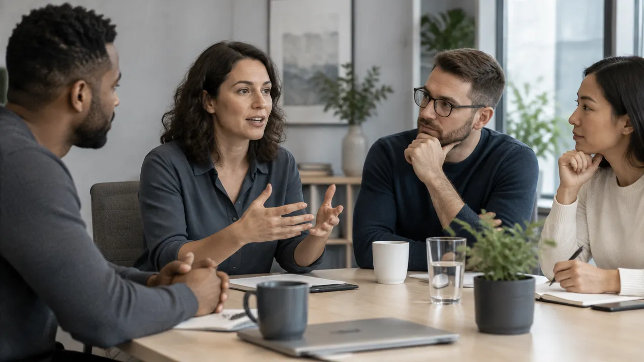 Compañeros de trabajo escuchan con atención durante una conversación abierta de equipo