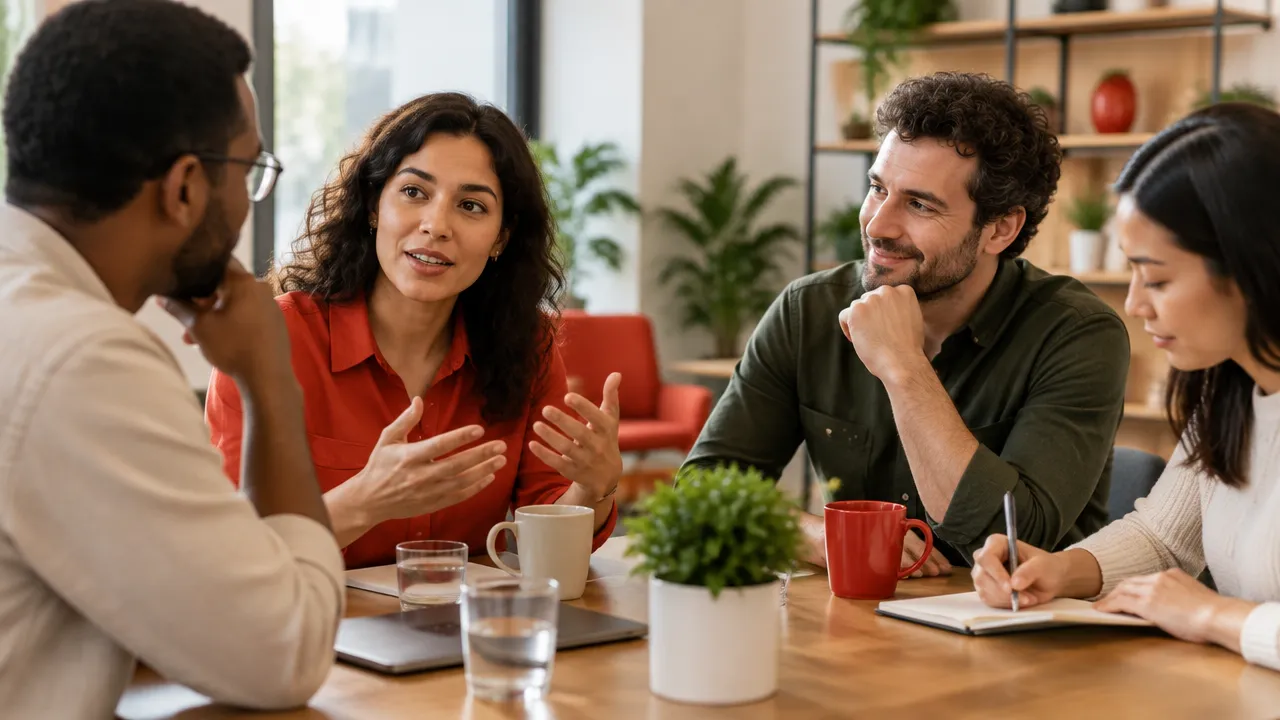 Compañeros de trabajo escuchándose y compartiendo ideas en una reunión de equipo