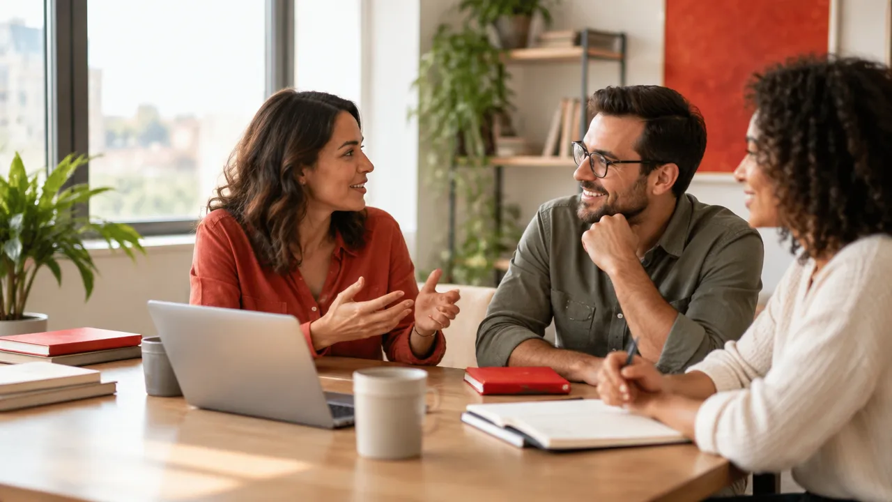 Compañeros de trabajo intercambian un reconocimiento específico en una conversación colaborativa