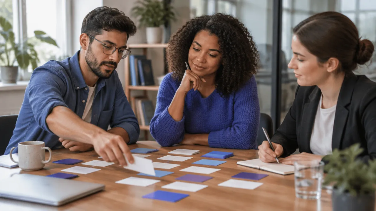 Compañeros definen acuerdos y responsabilidades compartidas con tarjetas sobre una mesa
