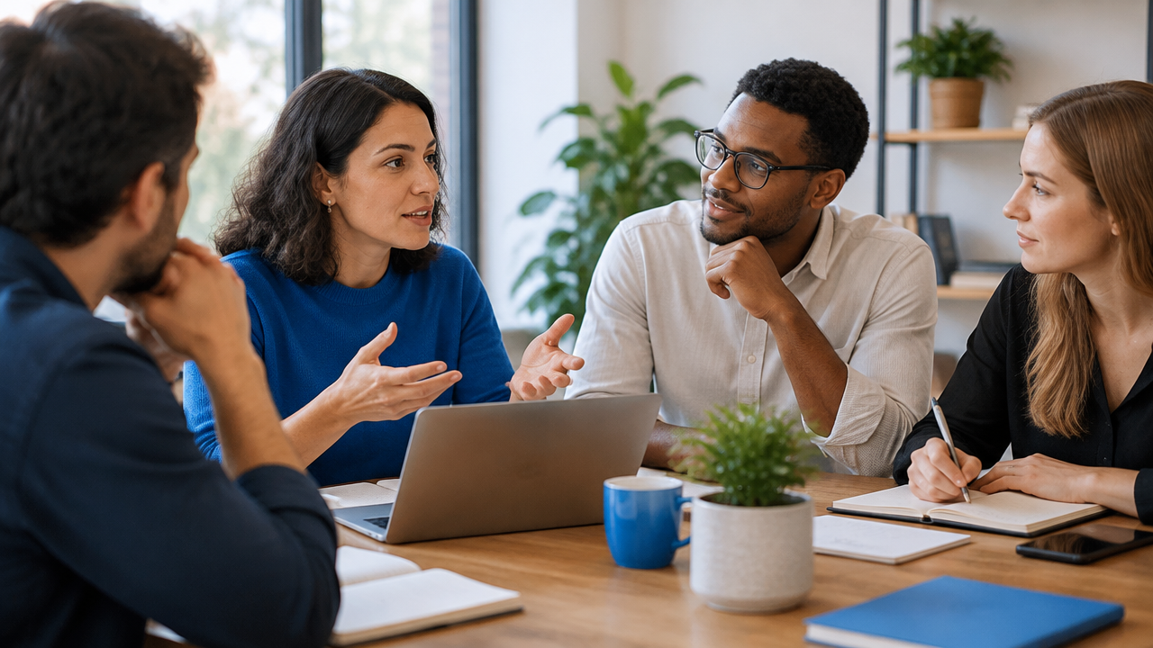 Compañeros observan turnos de palabra y escucha durante una conversación de equipo