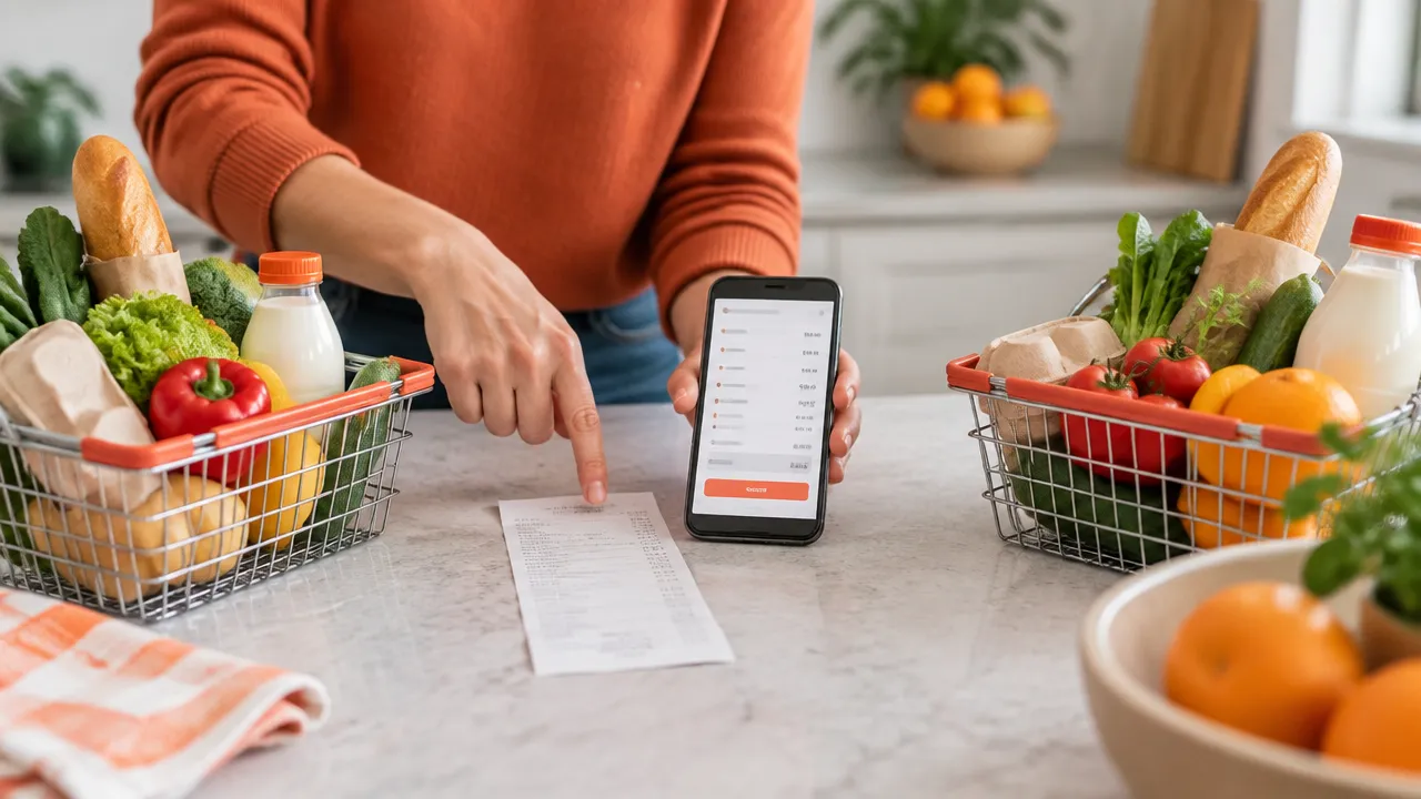 Comparação de duas compras de supermercado com recibo e celular para avaliar o preço final