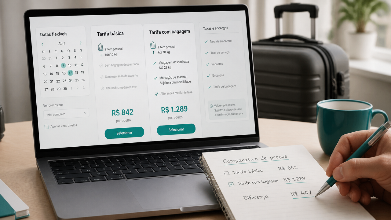 Comparação do preço final de passagens com taxas e bagagem em um laptop