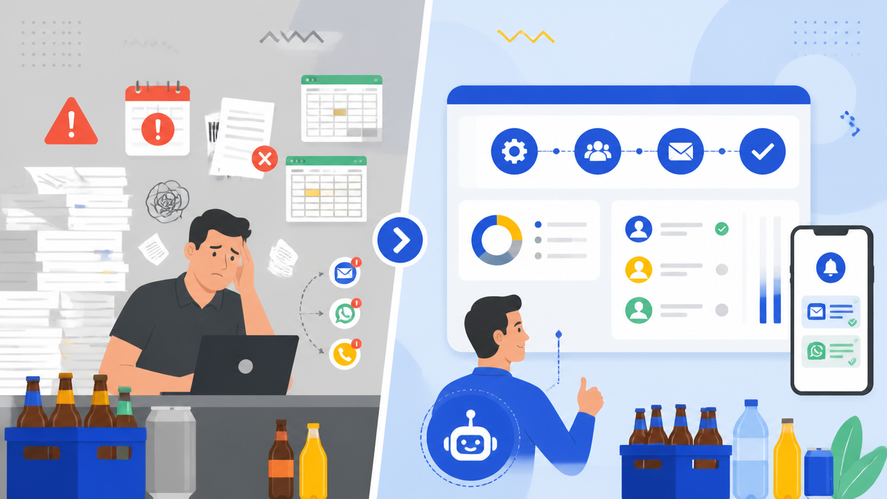 Comparação entre cobrança manual desorganizada e operação automatizada